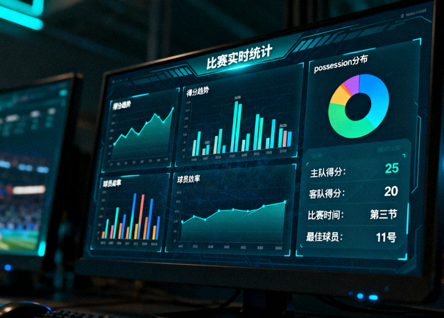 体育数据分析屏幕上展示的比赛统计图表与数据面板